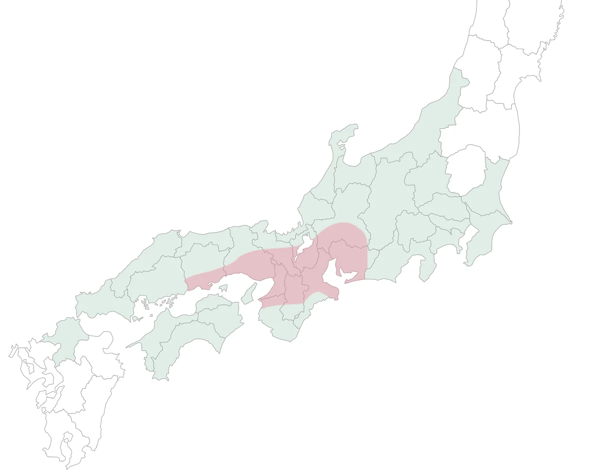 自社配達便と宅配便のお届けエリアを色分けした地図。関西を中心に、中部・中国地方の一部が自社配達便のエリア