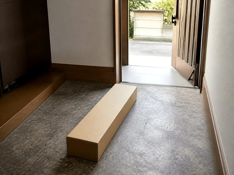 玄関の土間に置かれた無地の細長い配送箱