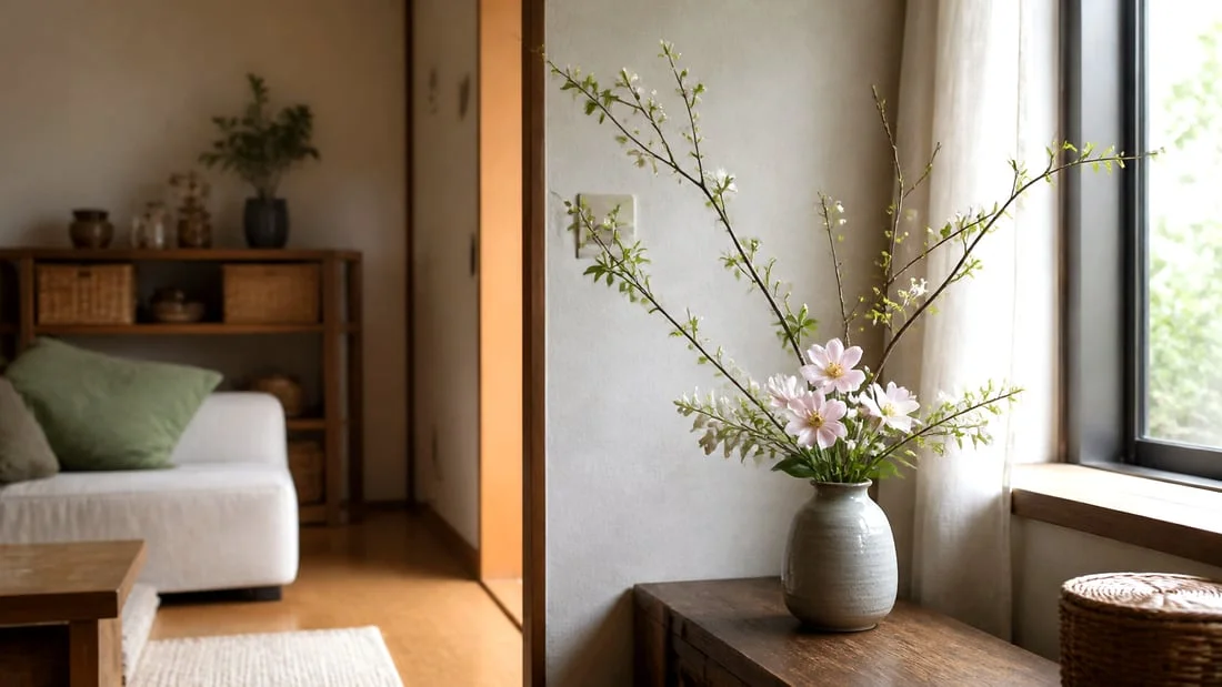 リビングの窓辺に、生けた枝ものと花が置かれている（イメージ）