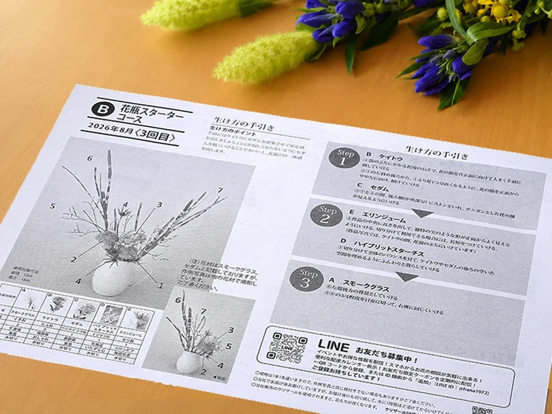 花材と一緒に同梱される生け方の手引書。その回の花材と、生ける手順が1枚に載っている
