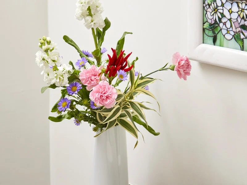 A. 花瓶・水盤バラエティーコースのお届け例（カーネーションなどを花瓶に生けたもの）