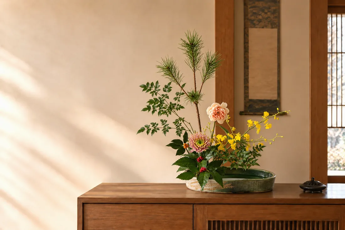 日の差す和室の棚に飾ったお正月の生け花