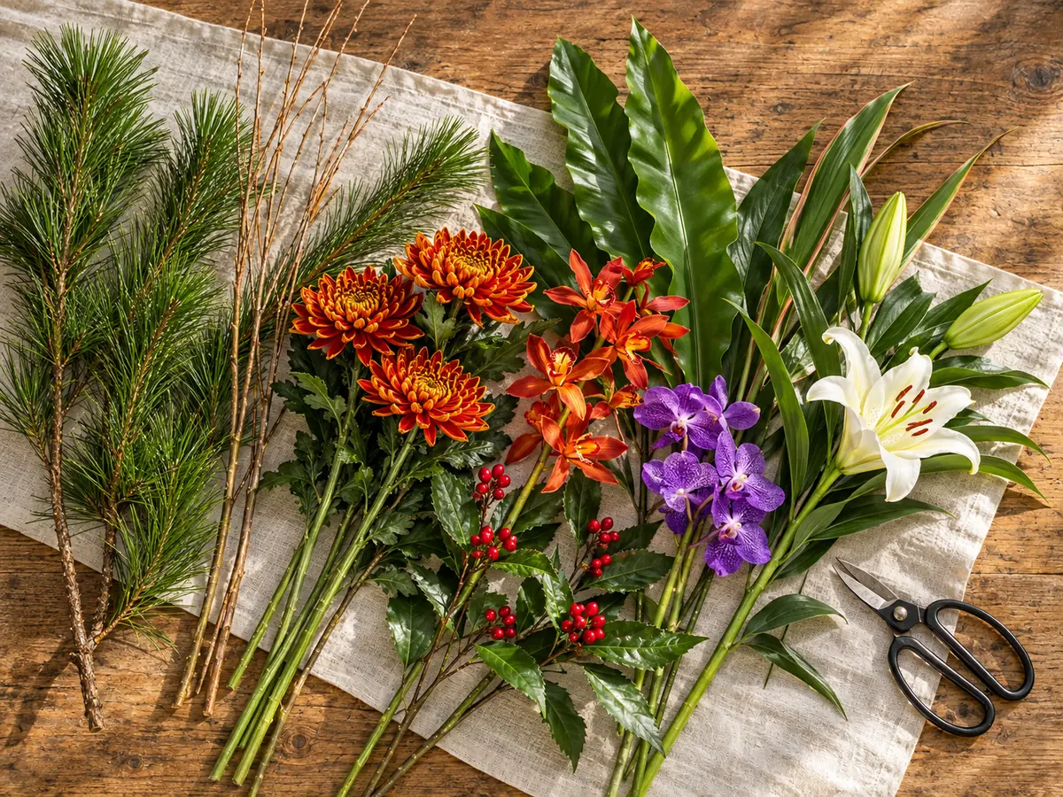 届いた松や菊の花材を広げて状態を確かめる