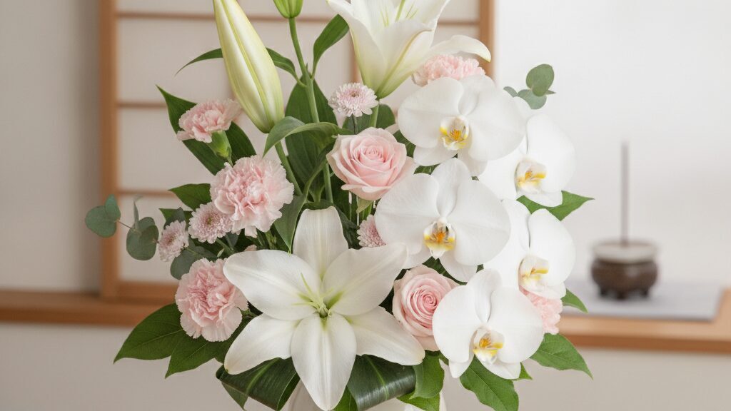 真っ白なユリと優しいピンクの色花を添えたお供えアレンジメントに、感謝を込めて。